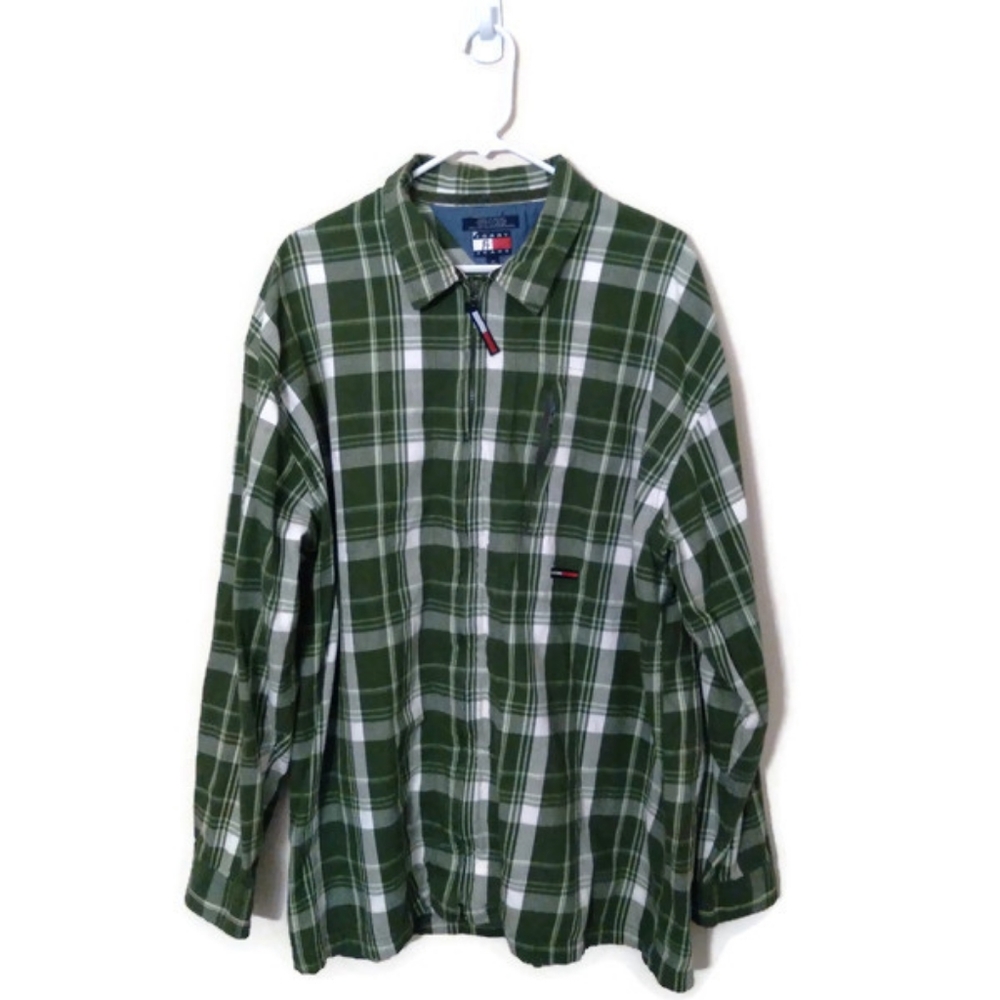 Vintage 90's Tommy Jeans Full Zip Green Plaid Shacket Sz XLarge